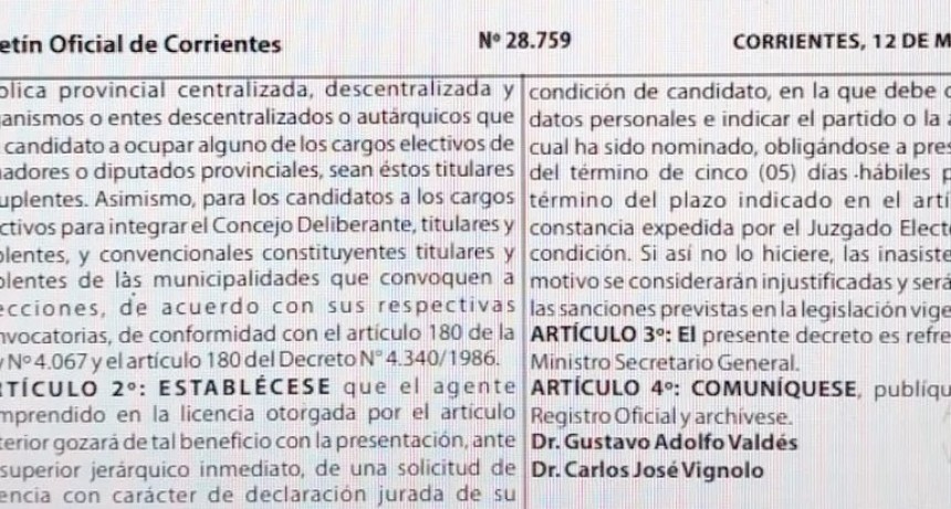 Un mes de licencia con goce de haberes para todos los candidatos titulares y suplentes