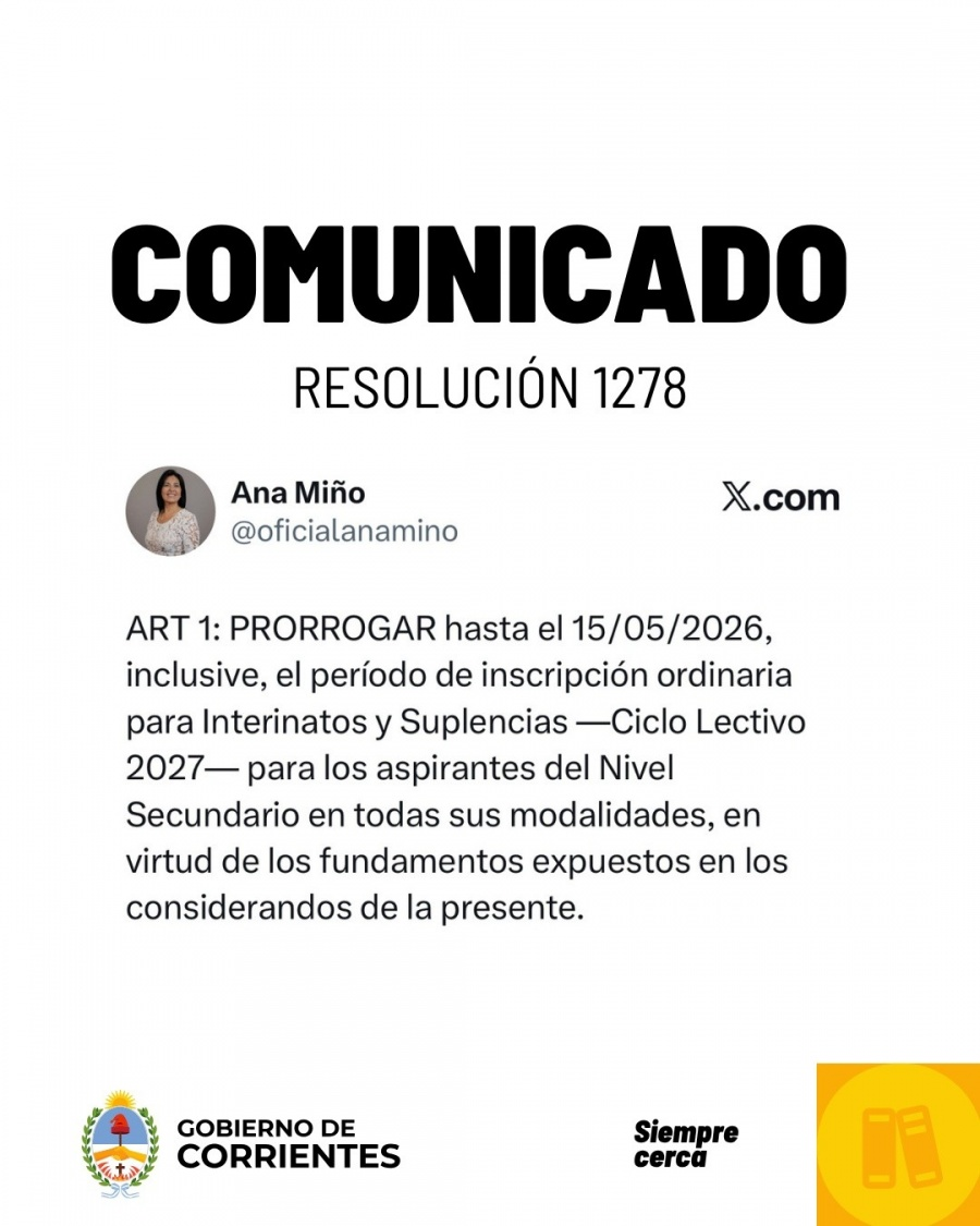 Educaci&oacute;n: Prorrogan la inscripci&oacute;n para interinatos y suplencias del ciclo 2027