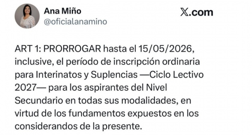 Educaci&oacute;n: Prorrogan la inscripci&oacute;n para interinatos y suplencias del ciclo 2027