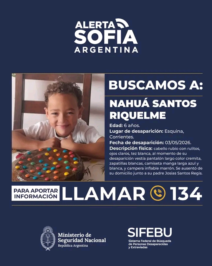 Alerta Sof&iacute;a: buscan intensamente a Nahu&aacute; Santos Riquelme en Esquina, Corrientes