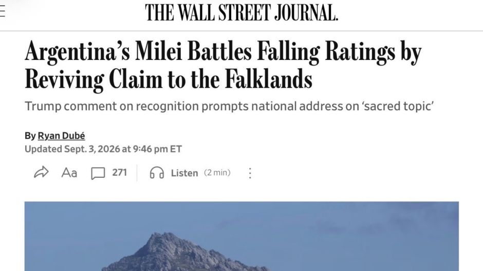 Wall Street Journal dice que Milei apel&oacute; a la causa Malvinas por su ca&iacute;da en las encuestas