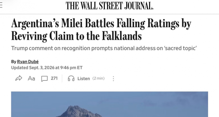 Wall Street Journal dice que Milei apel&oacute; a la causa Malvinas por su ca&iacute;da en las encuestas